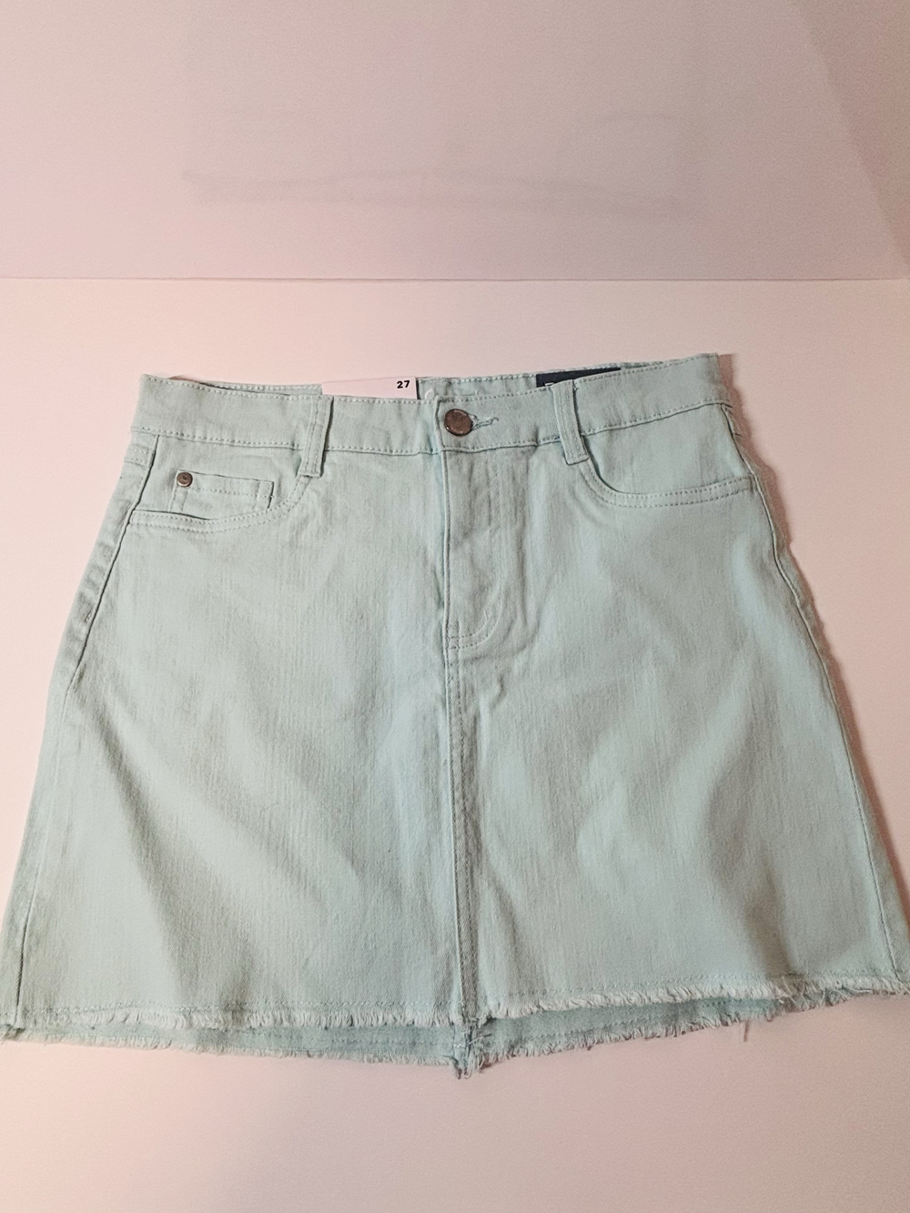 Defrost mint green denim mini skirt with frayed hem